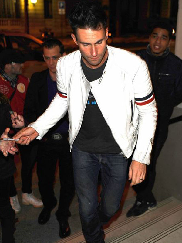 Adam Levine Biker Brando White Leather Jacket New Year Sale