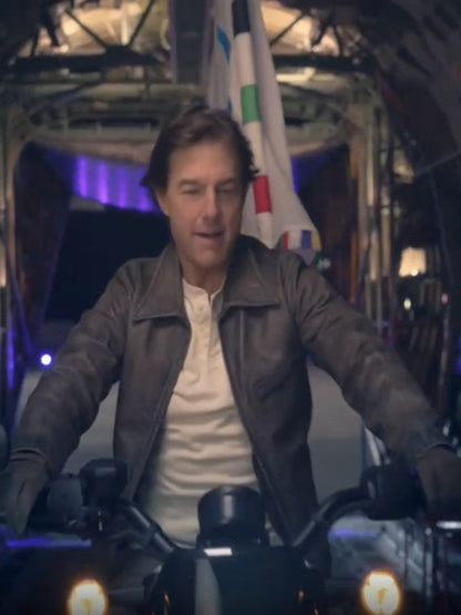 Tom Cruise Paris Olympics Brown Leather Jacket Winter Sale