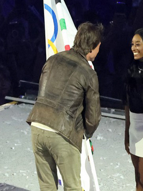 Tom Cruise Paris Olympics Brown Leather Jacket veste en cuir